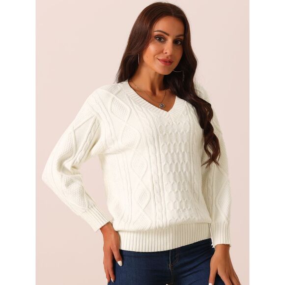 V Neck Long Sleeve Casual Loose Chunky Warm Pullover Sweater Top Beige - Picture 2 of 5